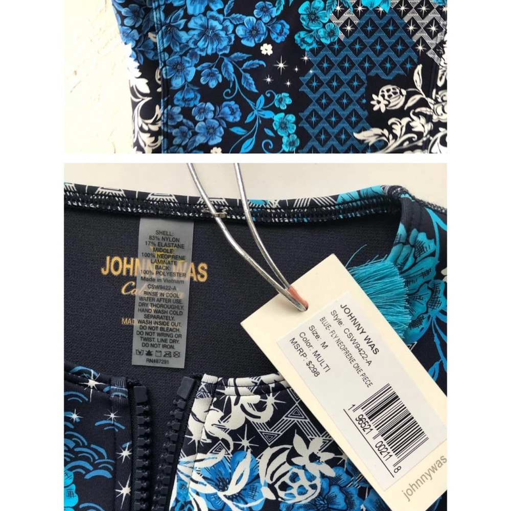 NWT JOHNNY WAS Blue Fly Neoprene Rashguard One Piece Swimsuit